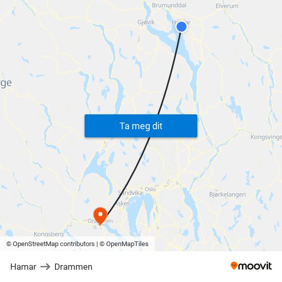 Hamar to Drammen map