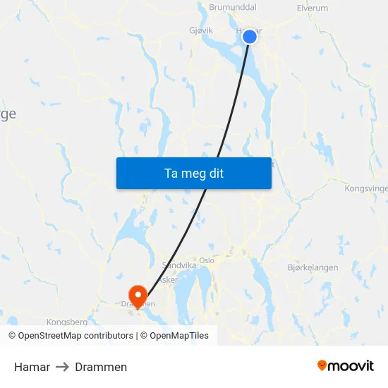 Hamar to Drammen map