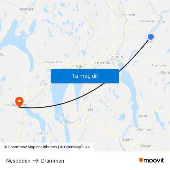 Nesodden to Drammen map