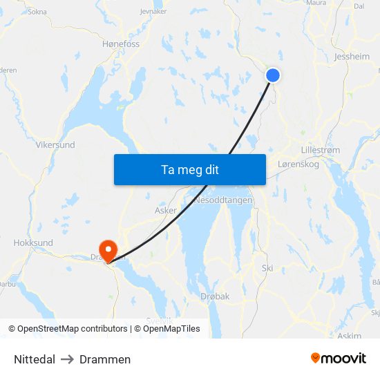 Nittedal to Drammen map