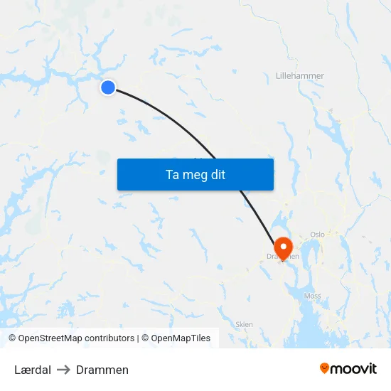 Lærdal to Drammen map