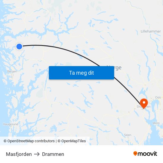 Masfjorden to Drammen map