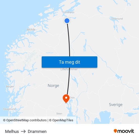Melhus to Drammen map