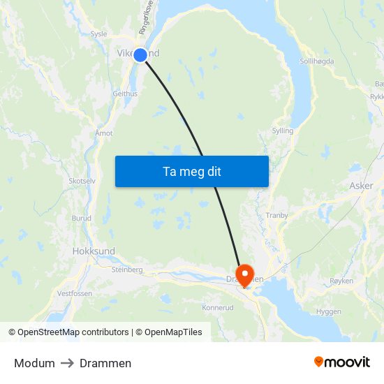 Modum to Drammen map