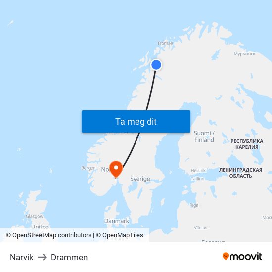 Narvik to Drammen map