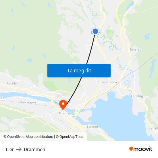 Lier to Drammen map