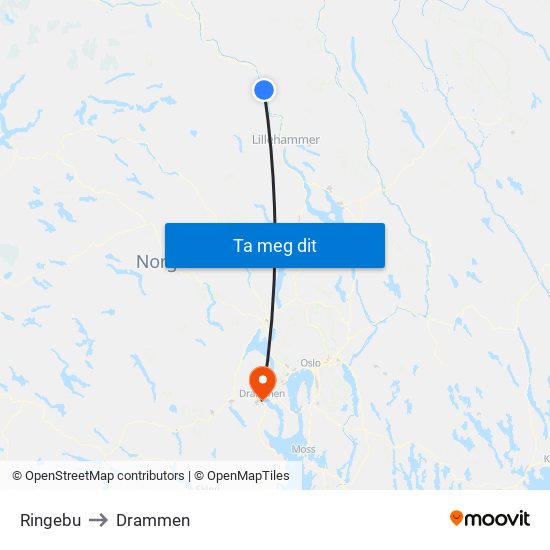 Ringebu to Drammen map