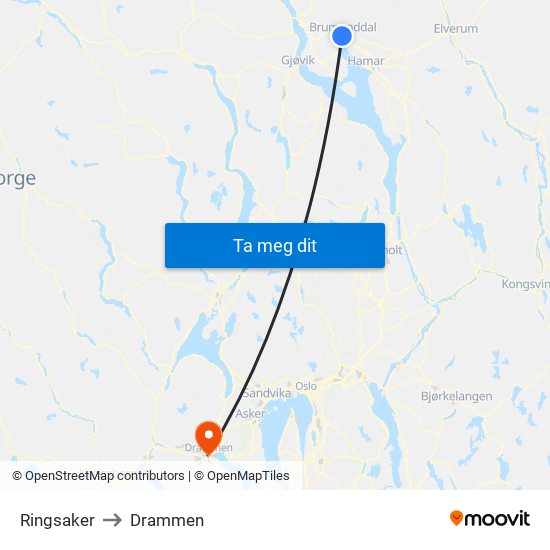 Ringsaker to Drammen map