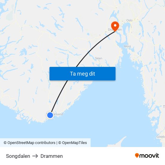 Songdalen to Drammen map