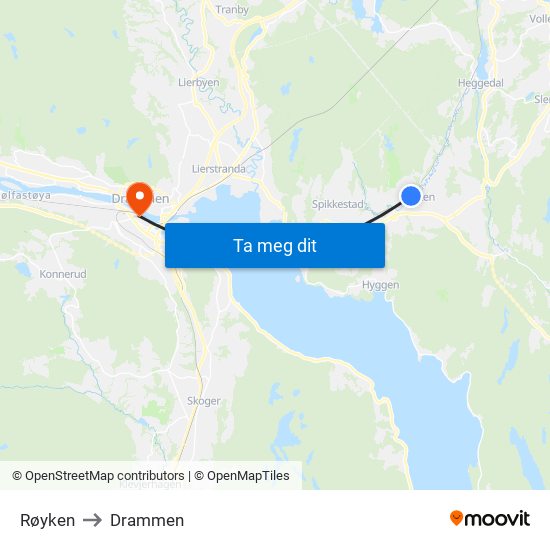 Røyken to Drammen map