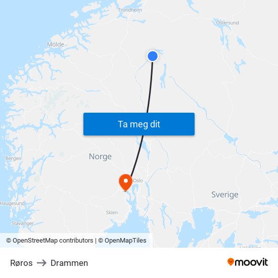 Røros to Drammen map