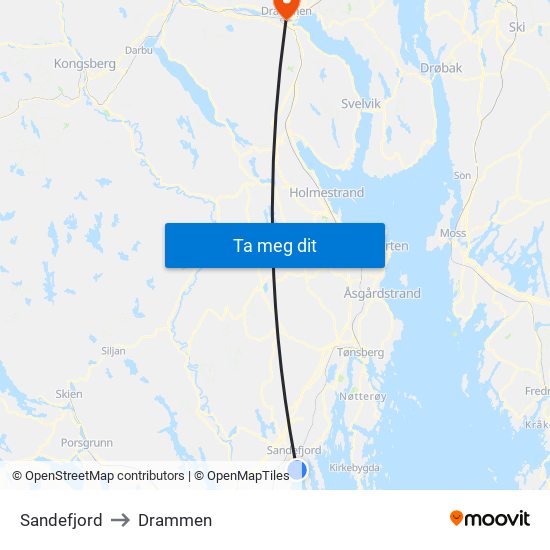 Sandefjord to Drammen map