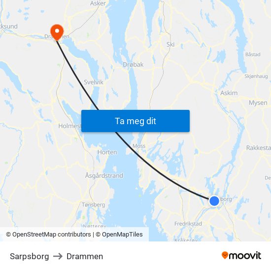 Sarpsborg to Drammen map