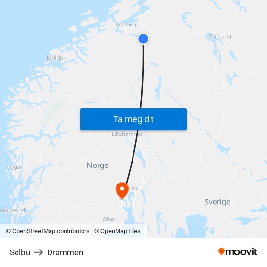 Selbu to Drammen map