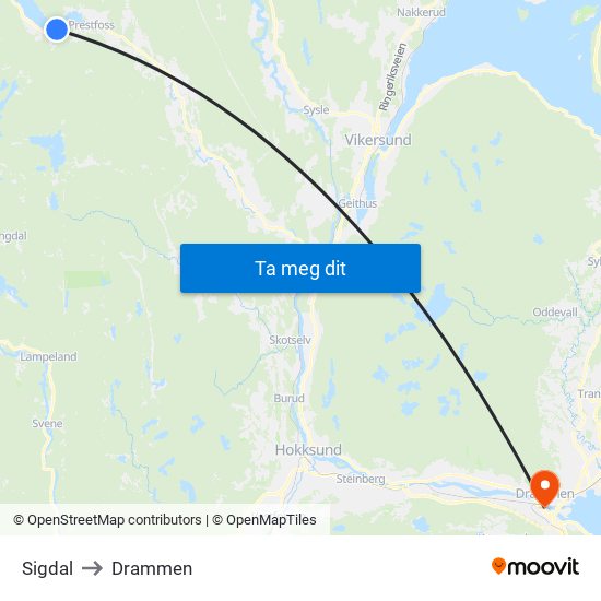 Sigdal to Drammen map
