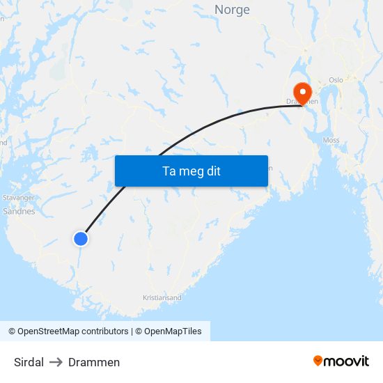 Sirdal to Drammen map