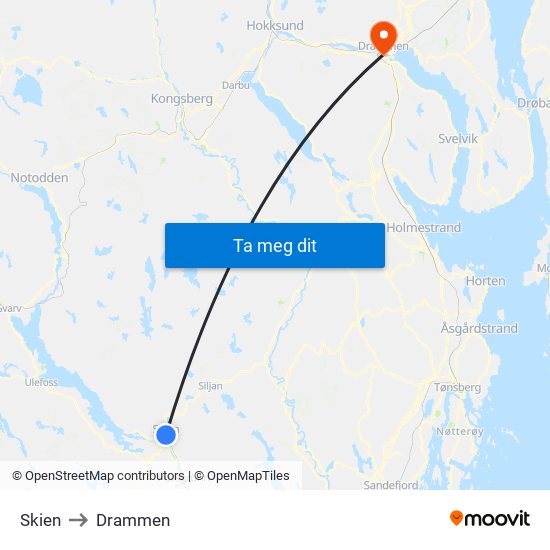 Skien to Drammen map