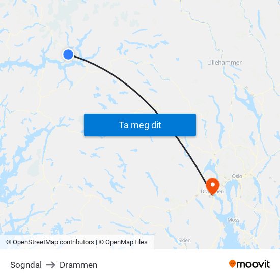 Sogndal to Drammen map