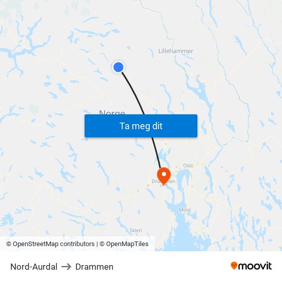 Nord-Aurdal to Drammen map