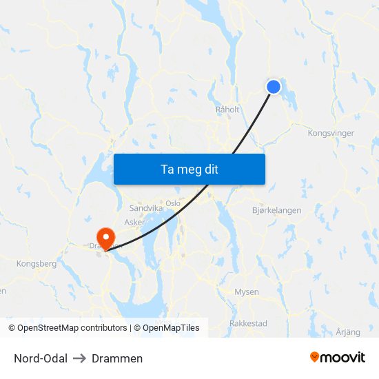 Nord-Odal to Drammen map