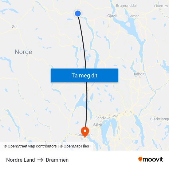 Nordre Land to Drammen map