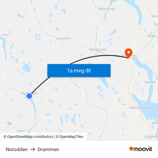 Notodden to Drammen map