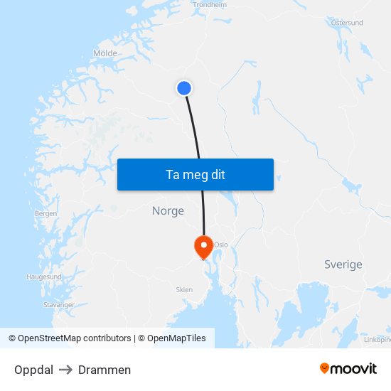 Oppdal to Drammen map