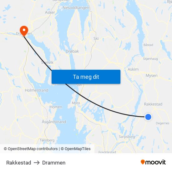 Rakkestad to Drammen map