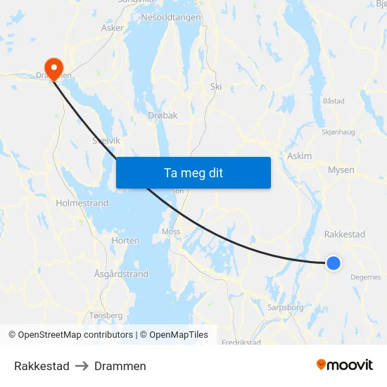 Rakkestad to Drammen map