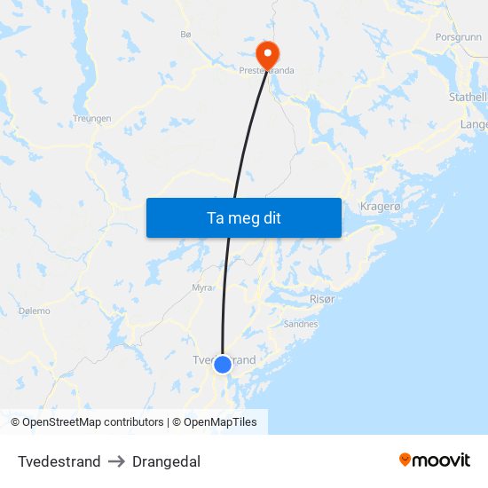 Tvedestrand to Drangedal map