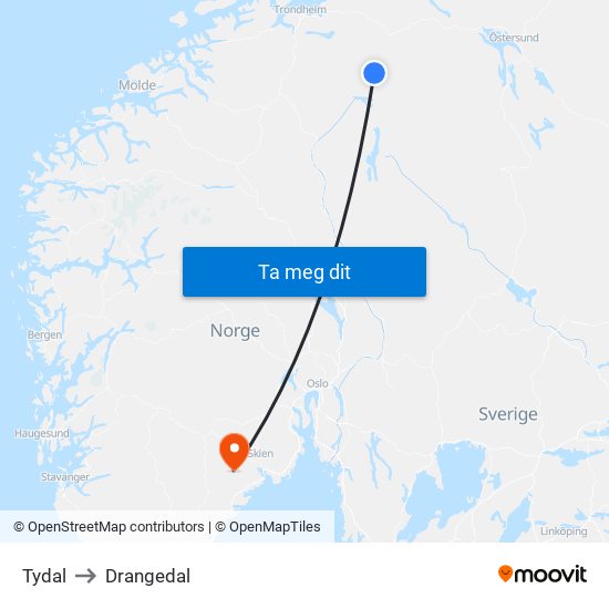 Tydal to Drangedal map