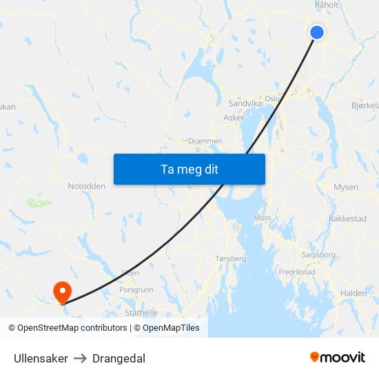 Ullensaker to Drangedal map