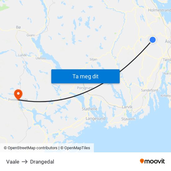 Vaale to Drangedal map