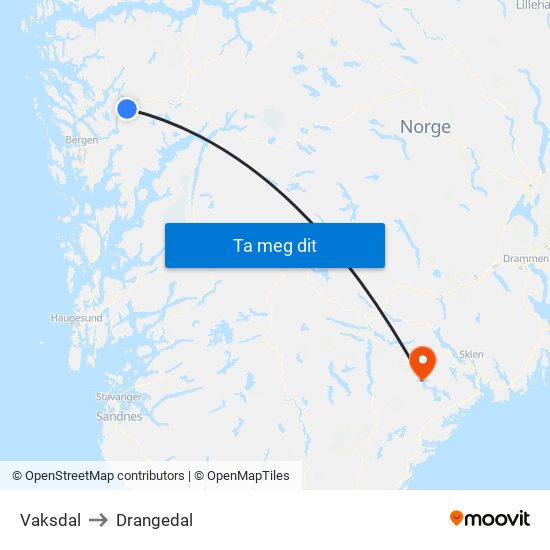 Vaksdal to Drangedal map