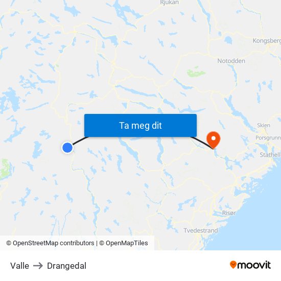 Valle to Drangedal map