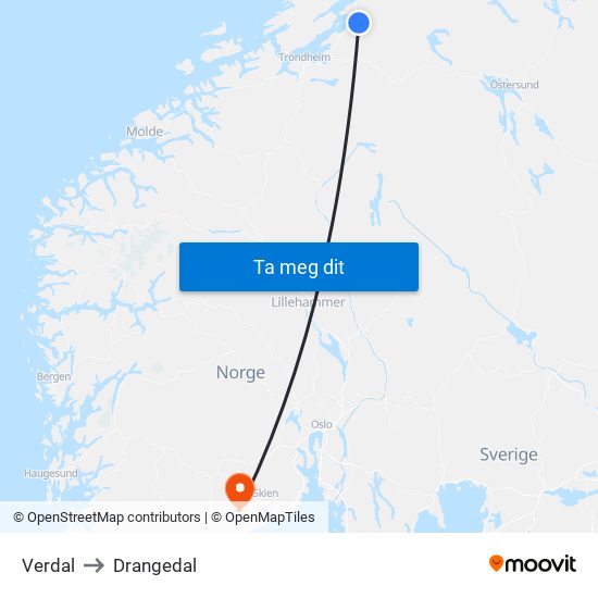 Verdal to Drangedal map