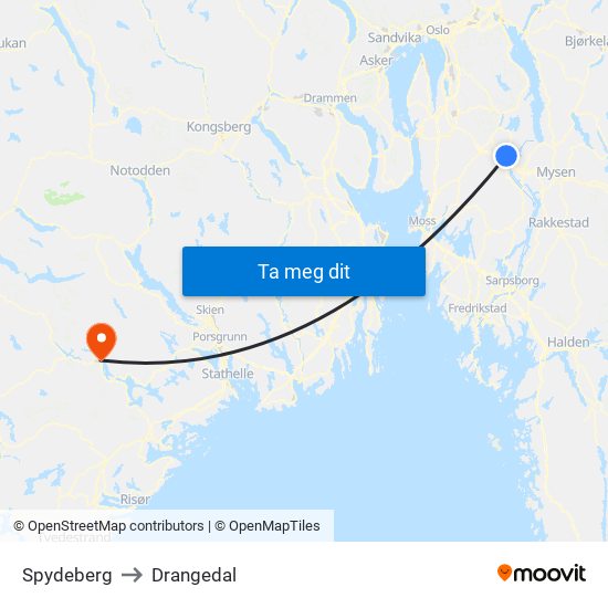 Spydeberg to Drangedal map