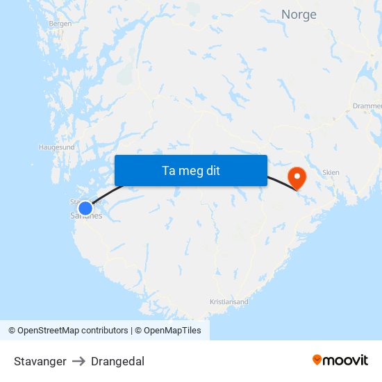 Stavanger to Drangedal map