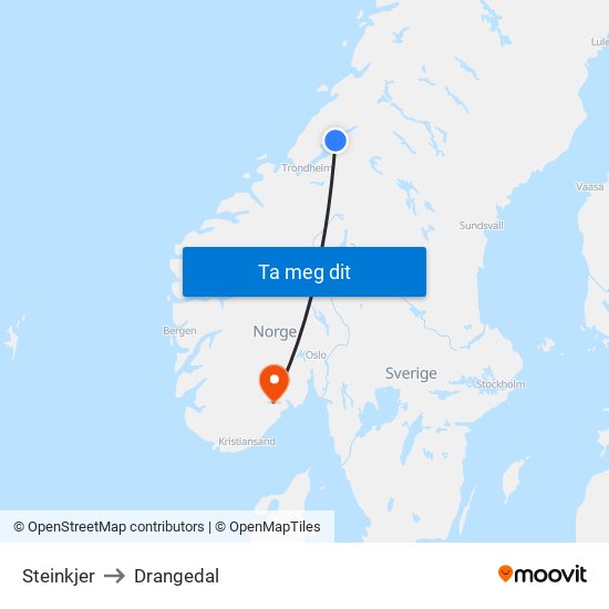 Steinkjer to Drangedal map