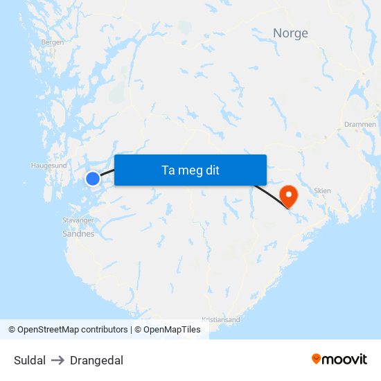 Suldal to Drangedal map
