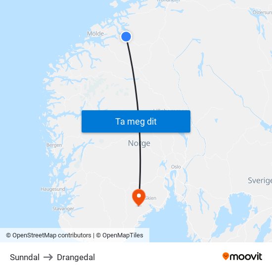 Sunndal to Drangedal map