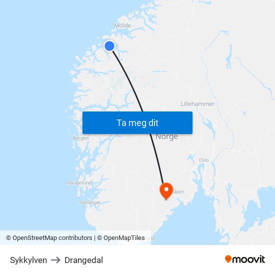 Sykkylven to Drangedal map