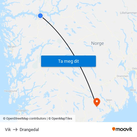 Vik to Drangedal map