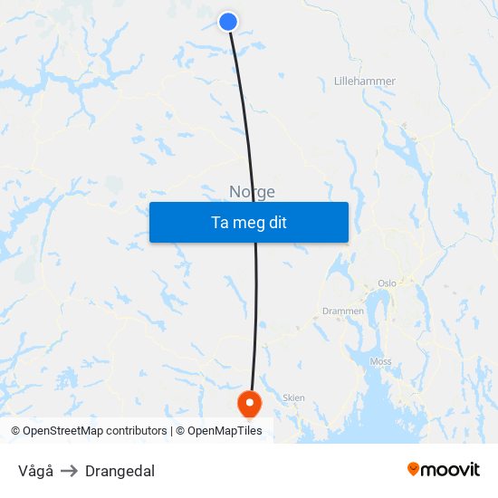 Vågå to Drangedal map