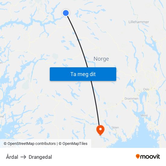 Årdal to Drangedal map