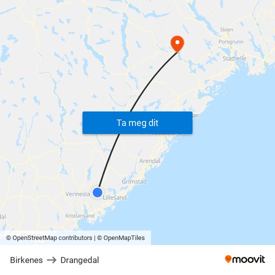 Birkenes to Drangedal map