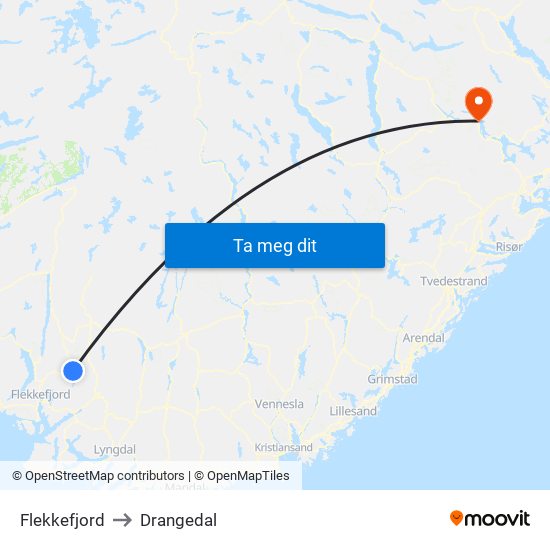 Flekkefjord to Drangedal map