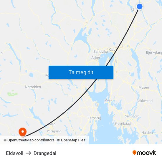 Eidsvoll to Drangedal map