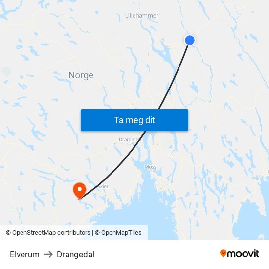 Elverum to Drangedal map