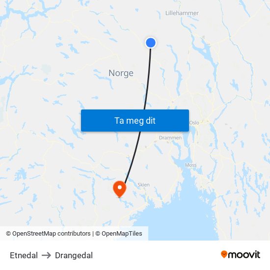 Etnedal to Drangedal map